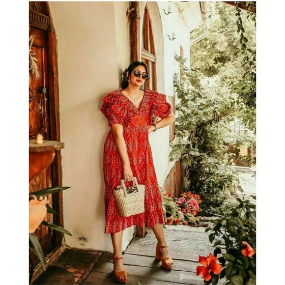 Zara Red Dress with Eyelet Embroidery Midi Length Size Small - Picture 11 of 16